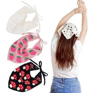 3 pc Crochet Strawberry, Mushroom Pattern Headscarves – Handmade Summer Bandana